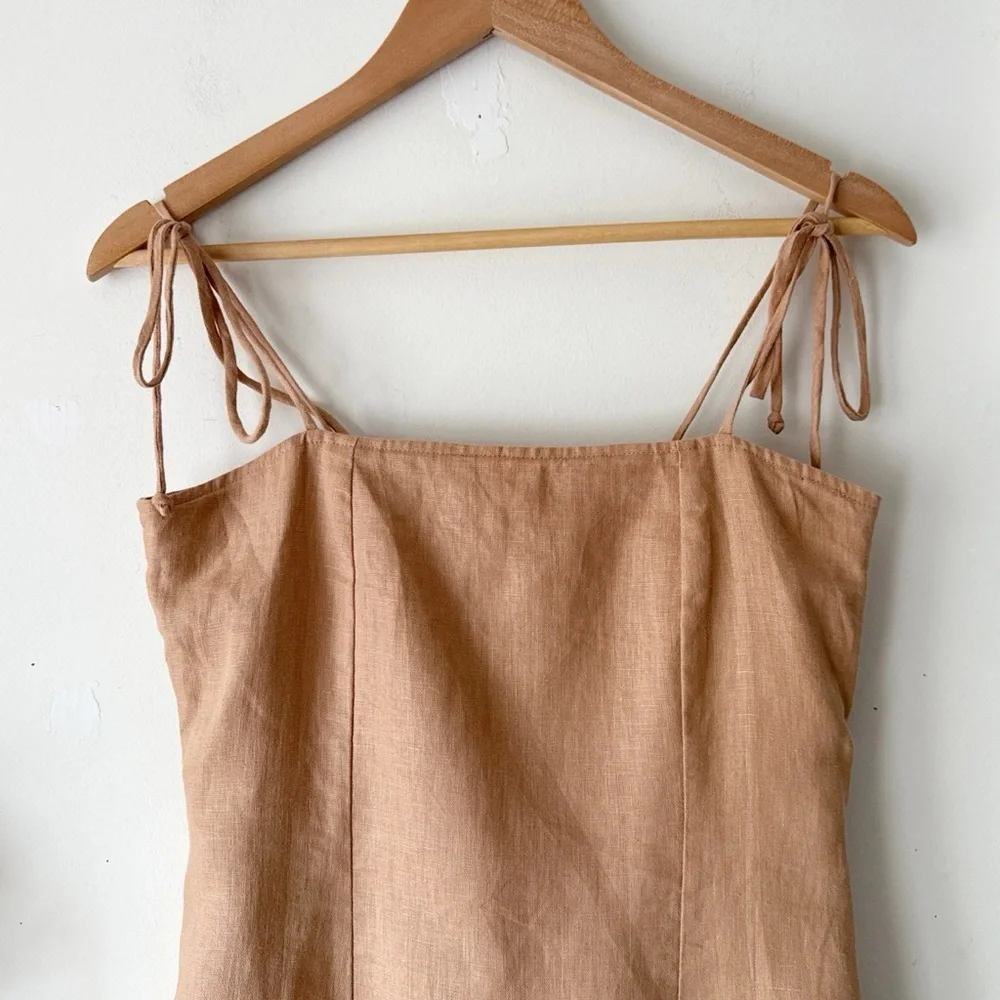 Faithfull the Brand Ysla Linen Smocked Back Shoulder Tie Dress in Hazelnut Sz 6 - Picture 8 of 14